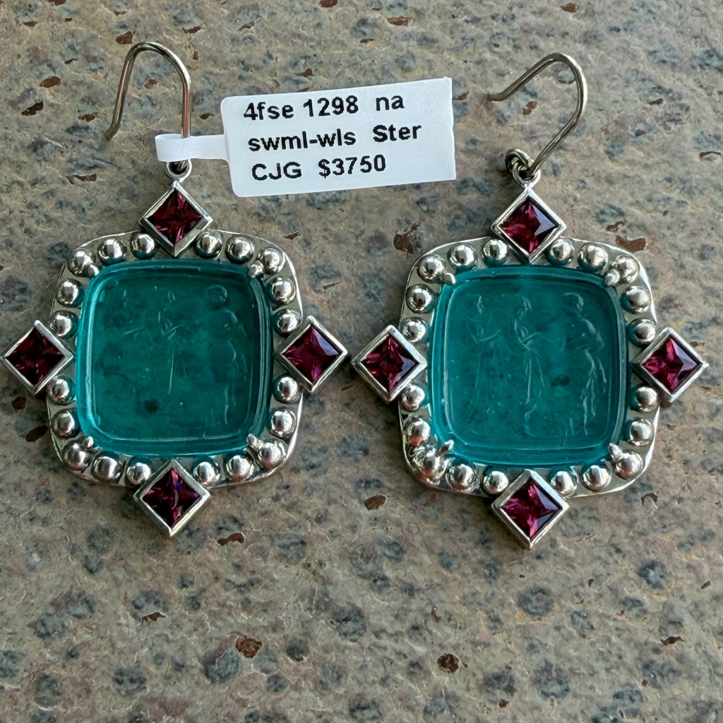 One Of A Kind Teal Blue Venetian Glass Earrings With Garnets